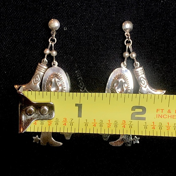 Vintage Sterling Silver Western Drop Dangle Hat Boots Spurs Coyote Post Earrings - Picture 6 of 10